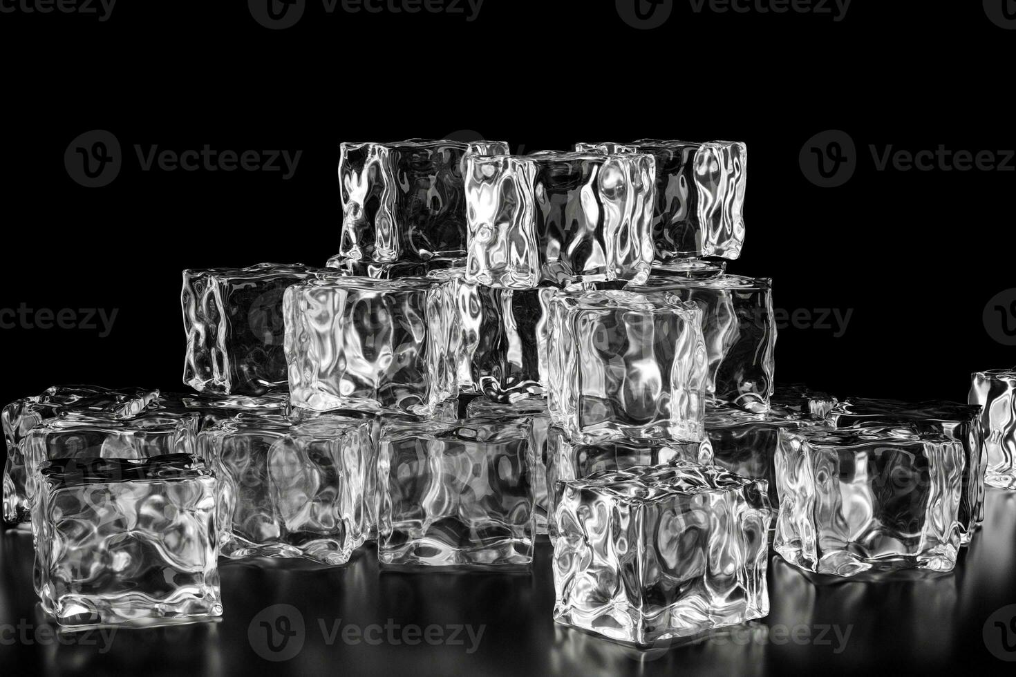 Ice cubes stacked each other with black background, 3d rendering. photo