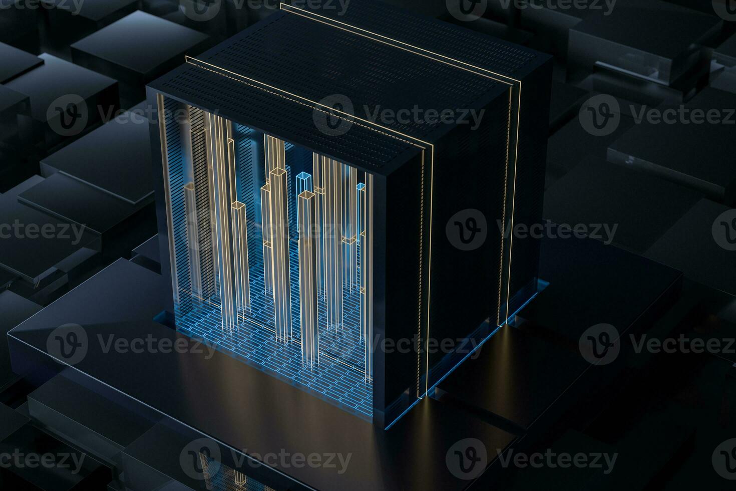 Blue and golden cube with glass material, 3d rendering. photo