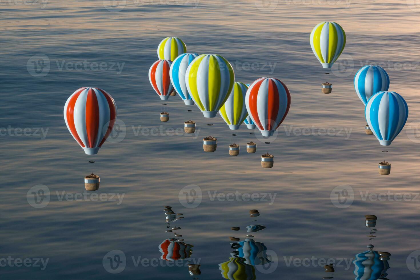 Hot air balloon flying over the ocean, 3d rendering. photo