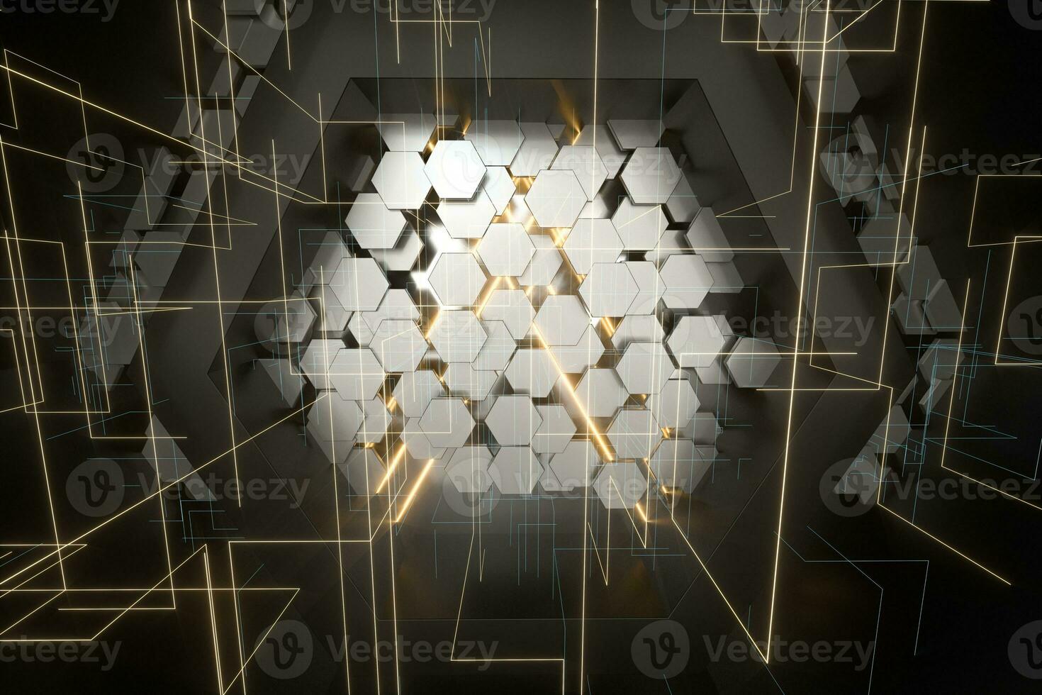 Hexagonal tunnel space with hexagon cubes, 3d rendering. photo