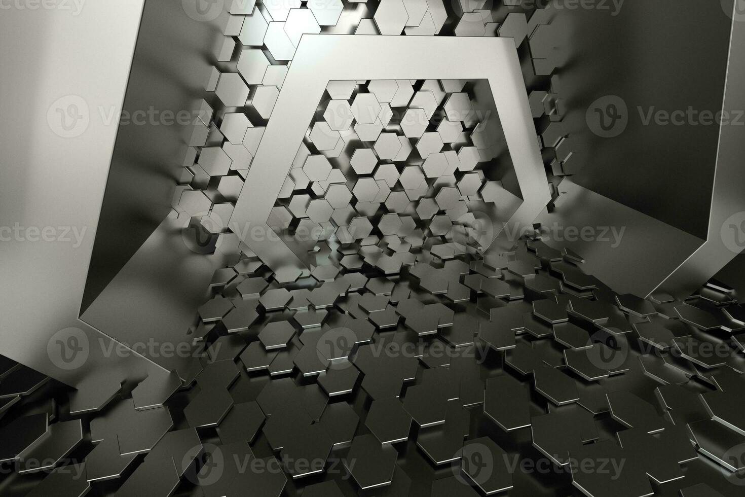 Hexagonal tunnel space with hexagon cubes, 3d rendering. photo