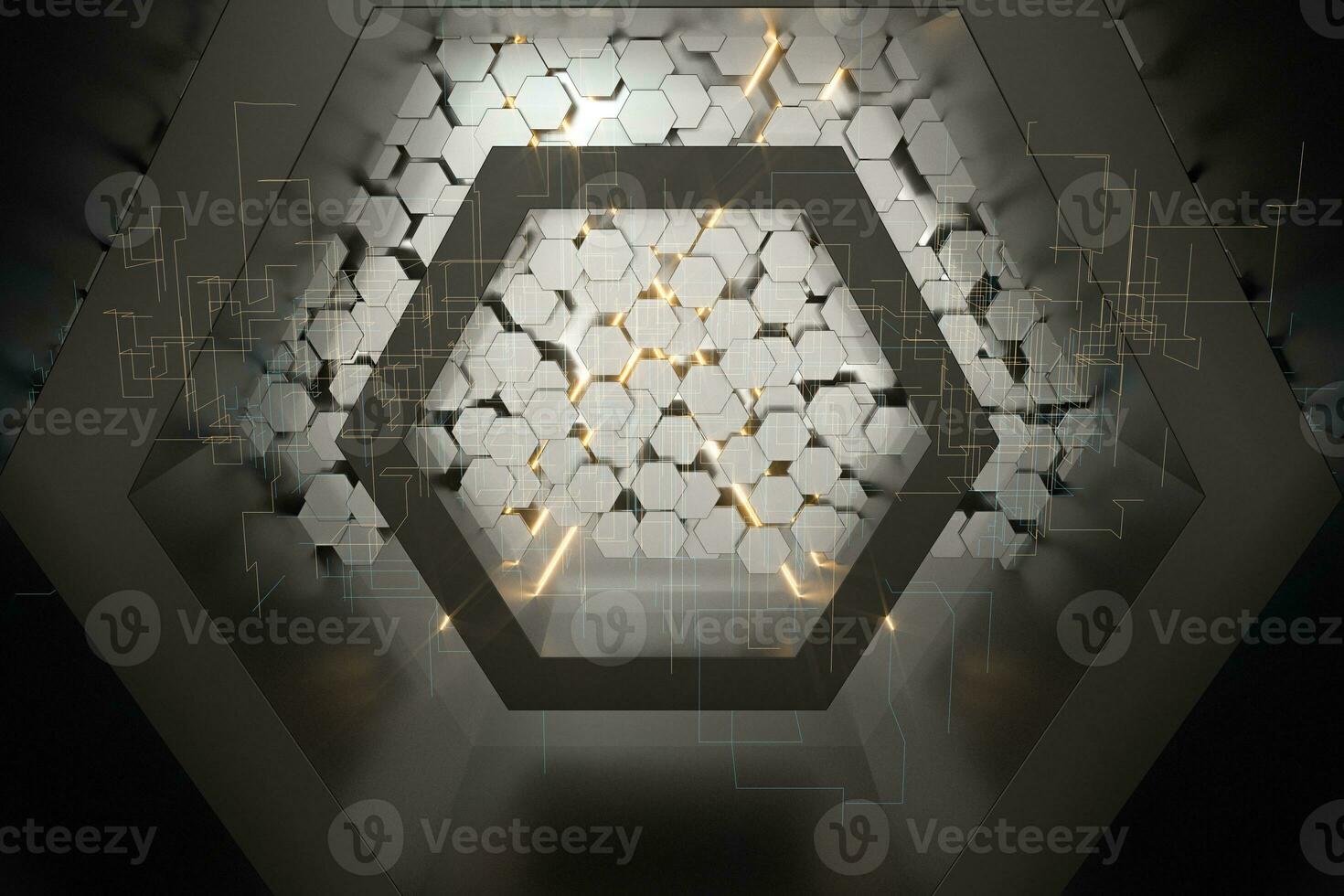 Hexagonal tunnel space with hexagon cubes, 3d rendering. photo