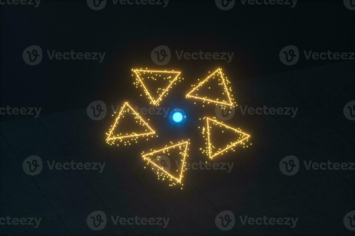 Glowing triangles and particles with dark background, 3d rendering. photo