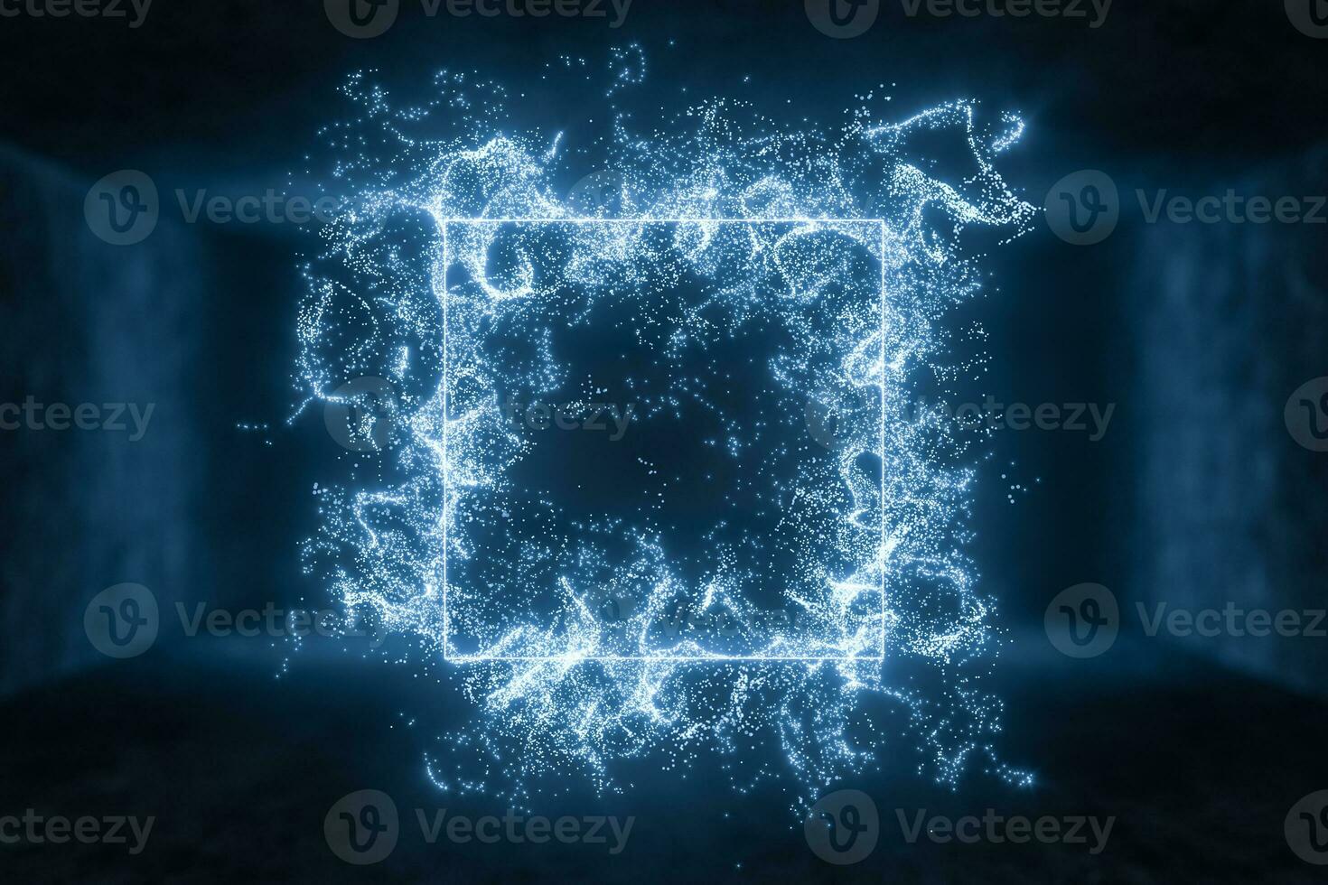 The particles with geometrical shape in a dark room, 3d rendering. photo