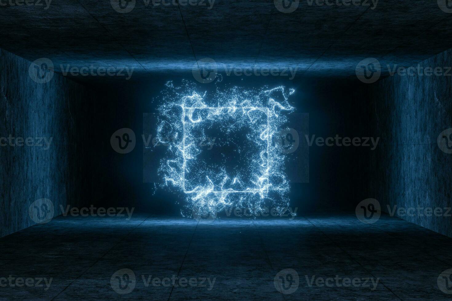 The particles with geometrical shape in a dark room, 3d rendering. photo