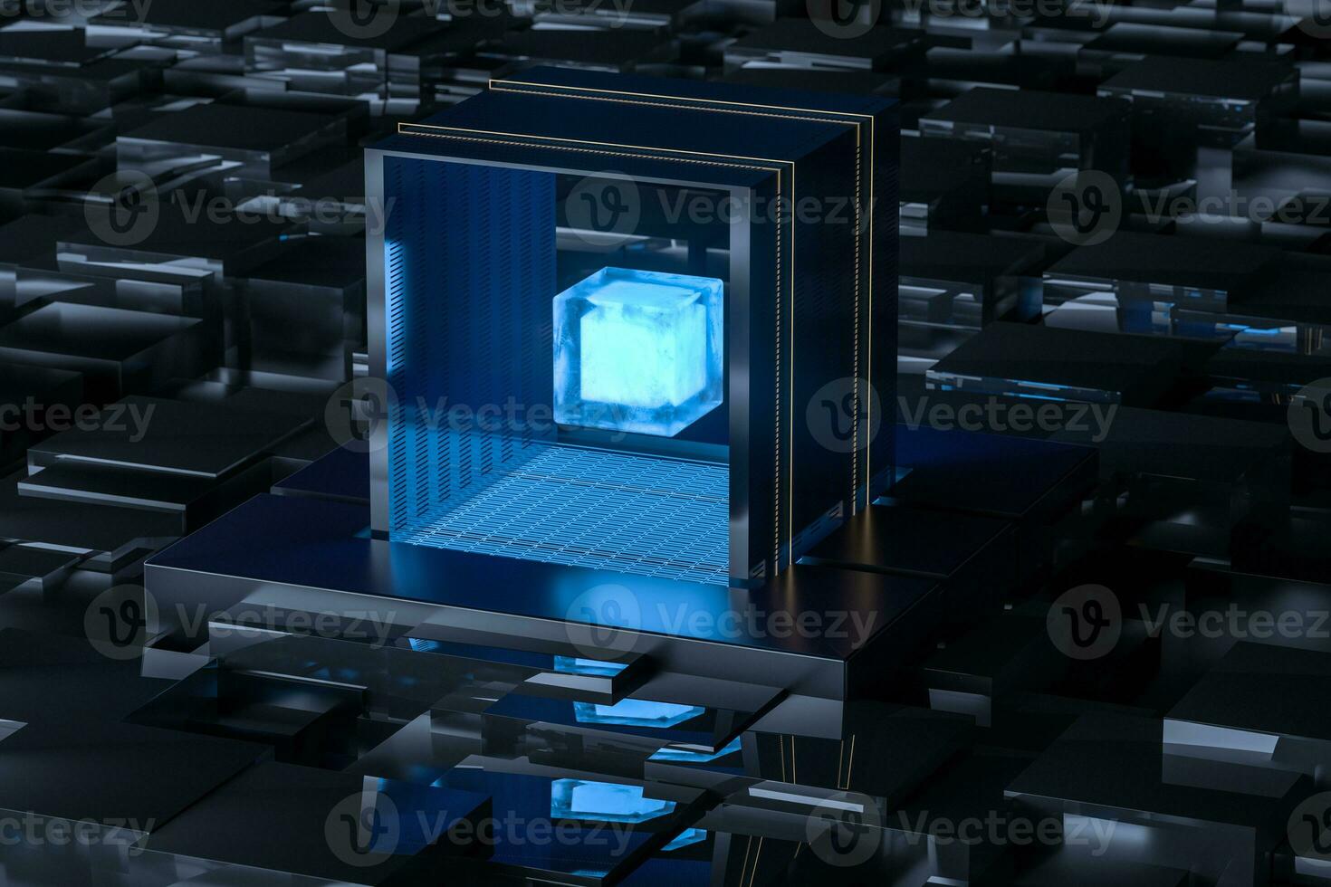Blue and golden cube with glass material, 3d rendering. photo