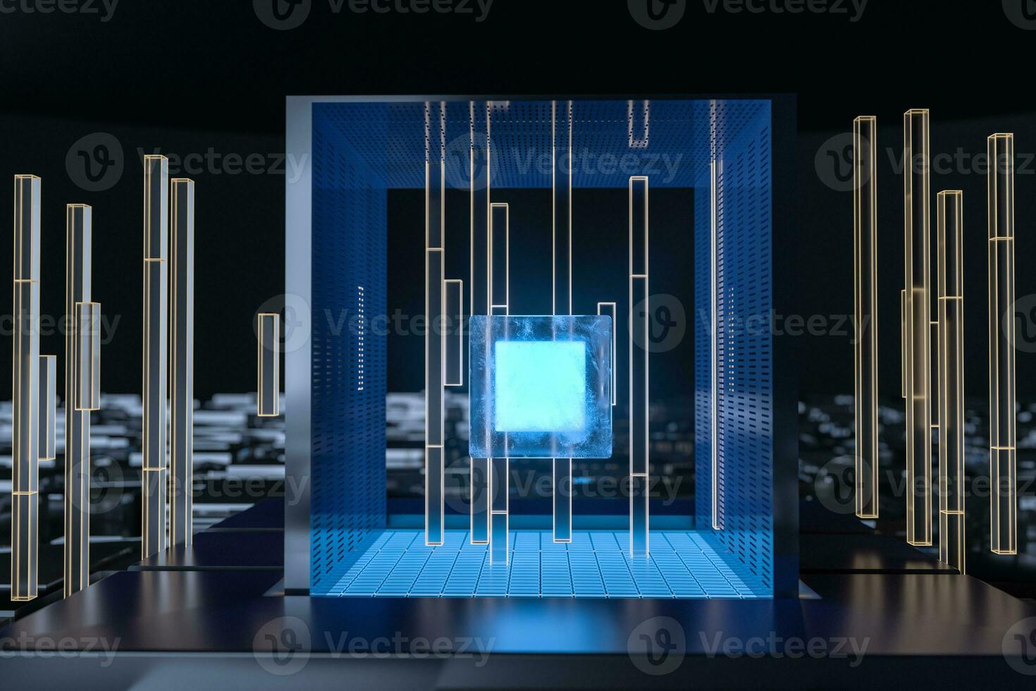 Blue and golden cube with glass material, 3d rendering. photo