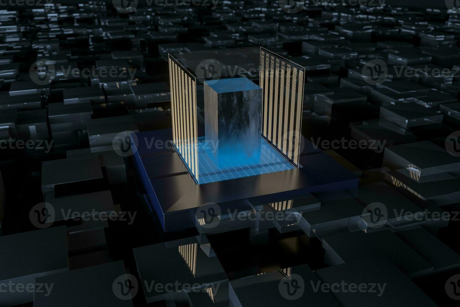Blue and golden cube with glass material, 3d rendering. photo