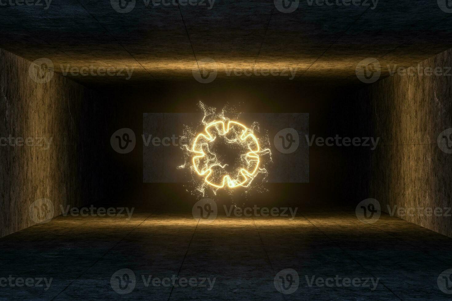 The particles with geometrical shape in a dark room, 3d rendering. photo