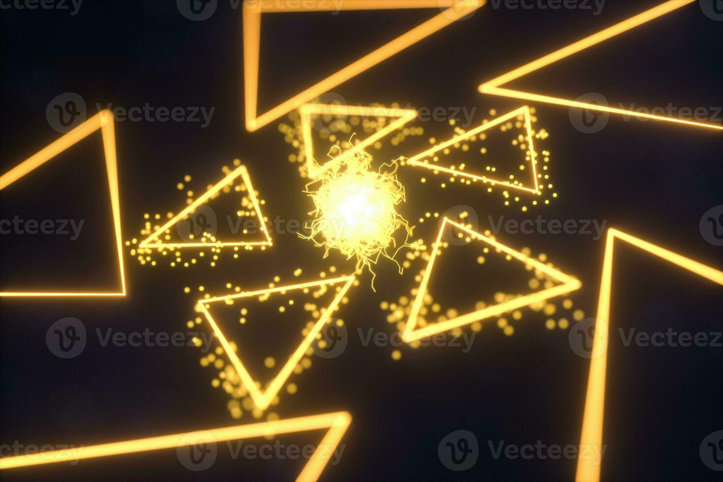 Glowing triangles and particles with dark background, 3d rendering. photo