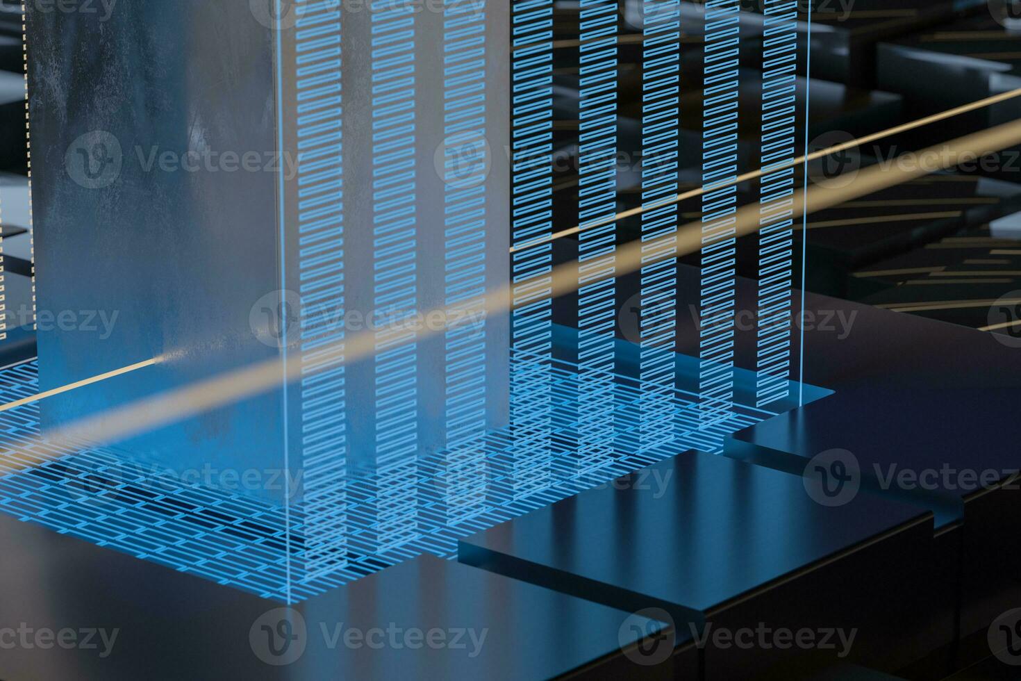Blue and golden cube with glass material, 3d rendering. photo