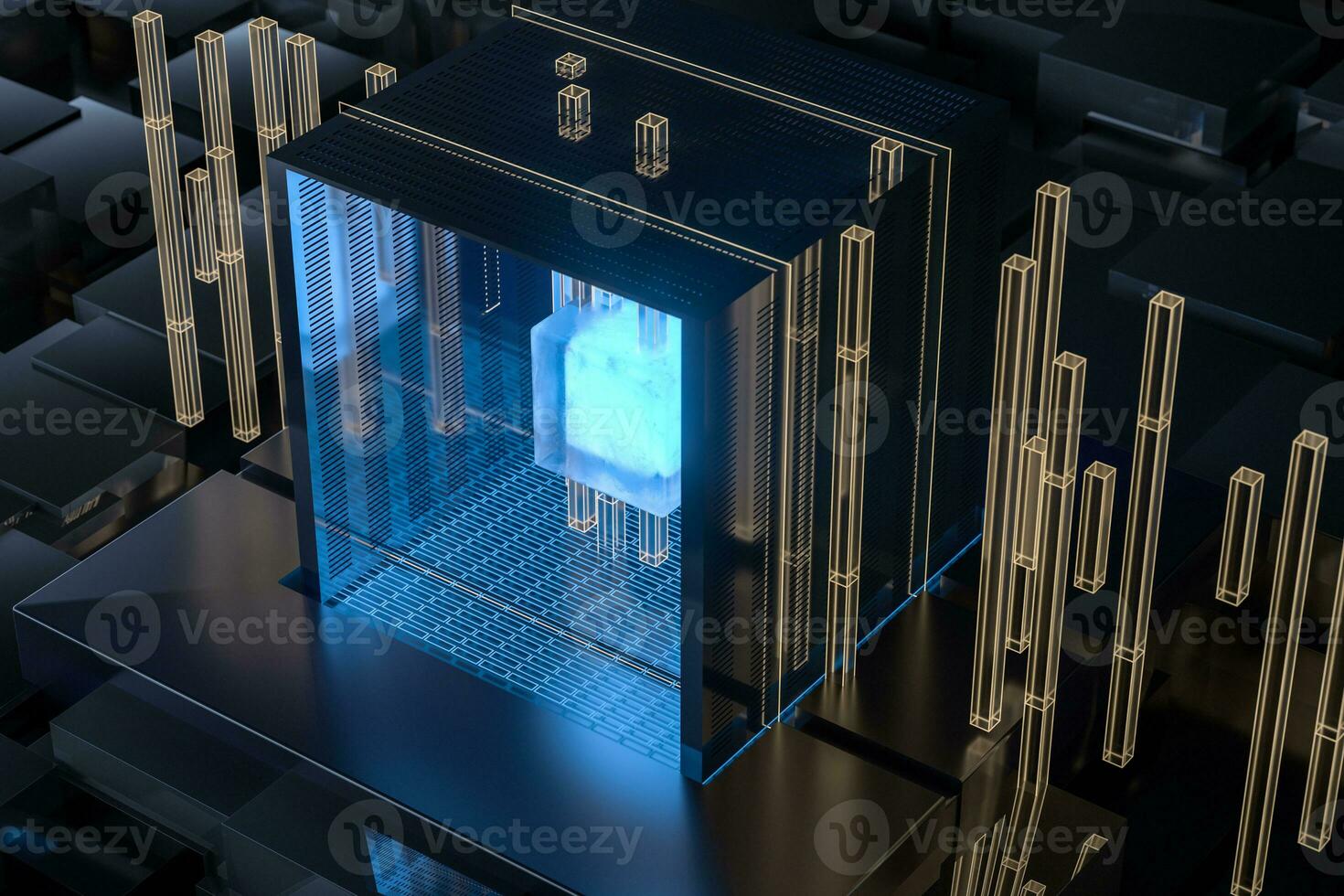 Blue and golden cube with glass material, 3d rendering. photo