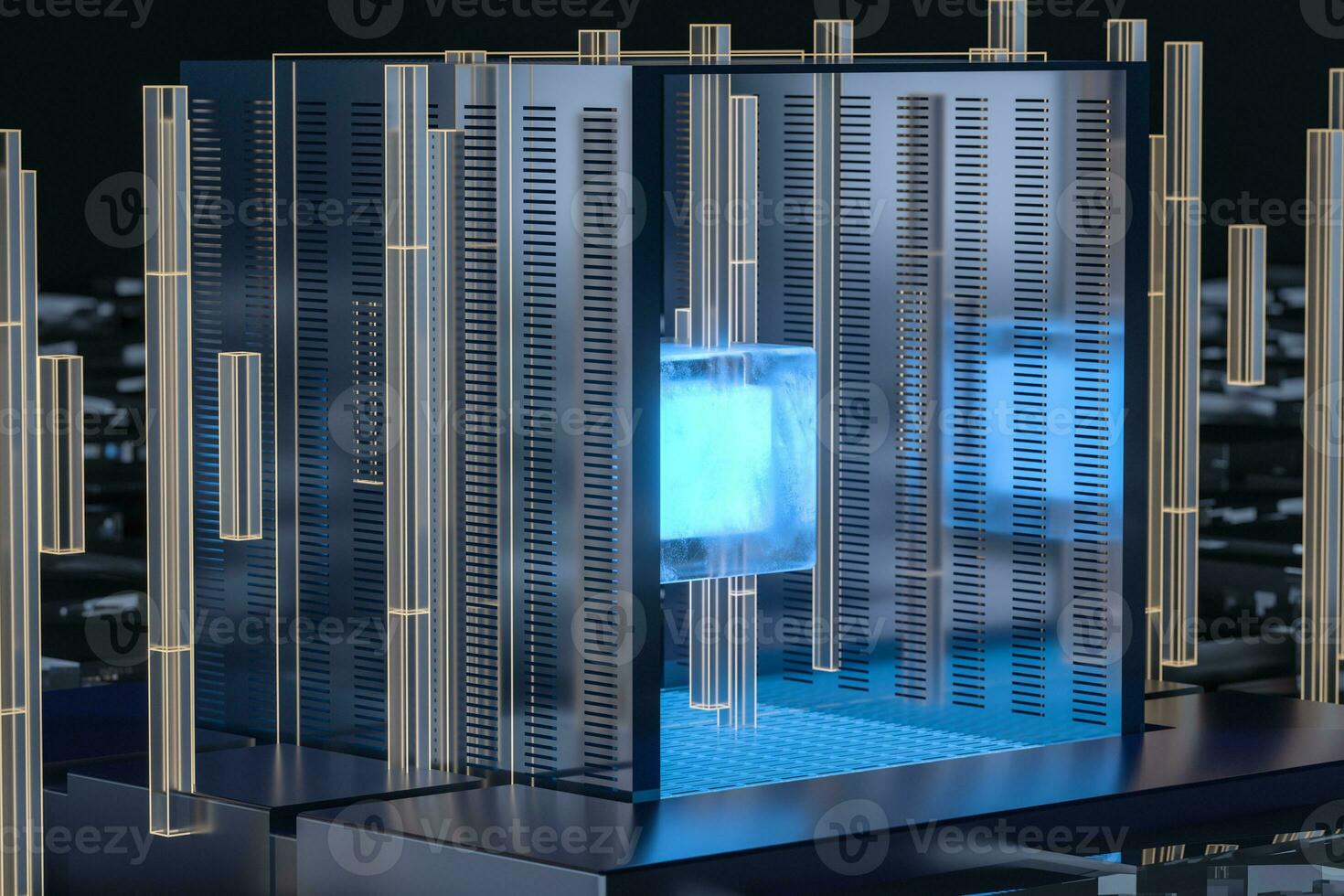 Blue and golden cube with glass material, 3d rendering. photo