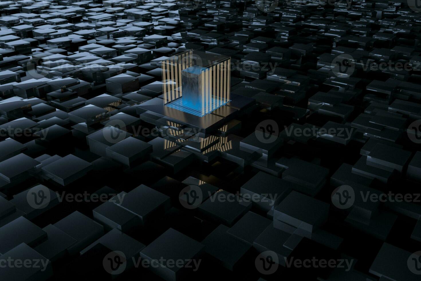 Blue and golden cube with glass material, 3d rendering. photo