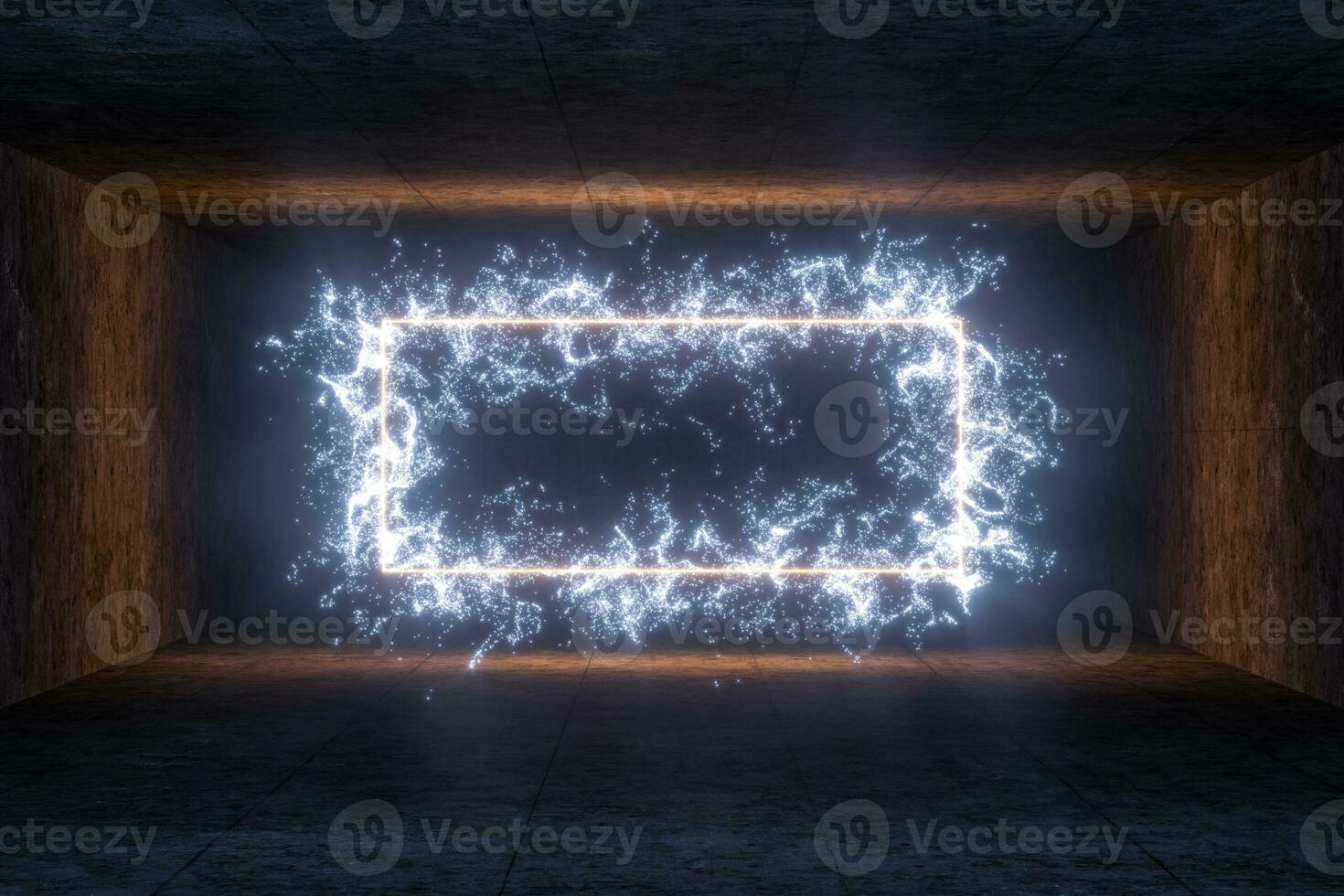 The particles with geometrical shape in a dark room, 3d rendering. photo