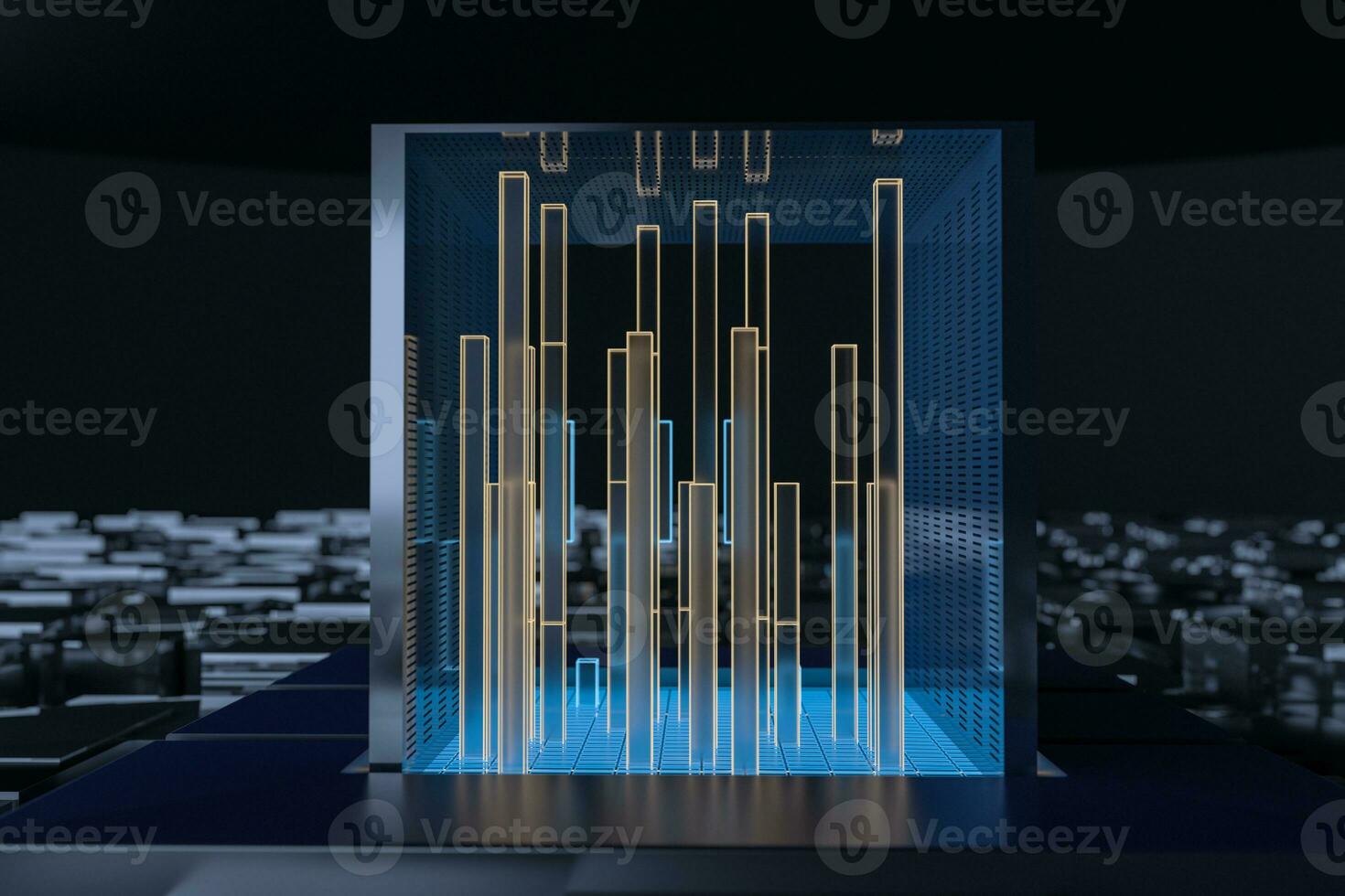 Blue and golden cube with glass material, 3d rendering. photo
