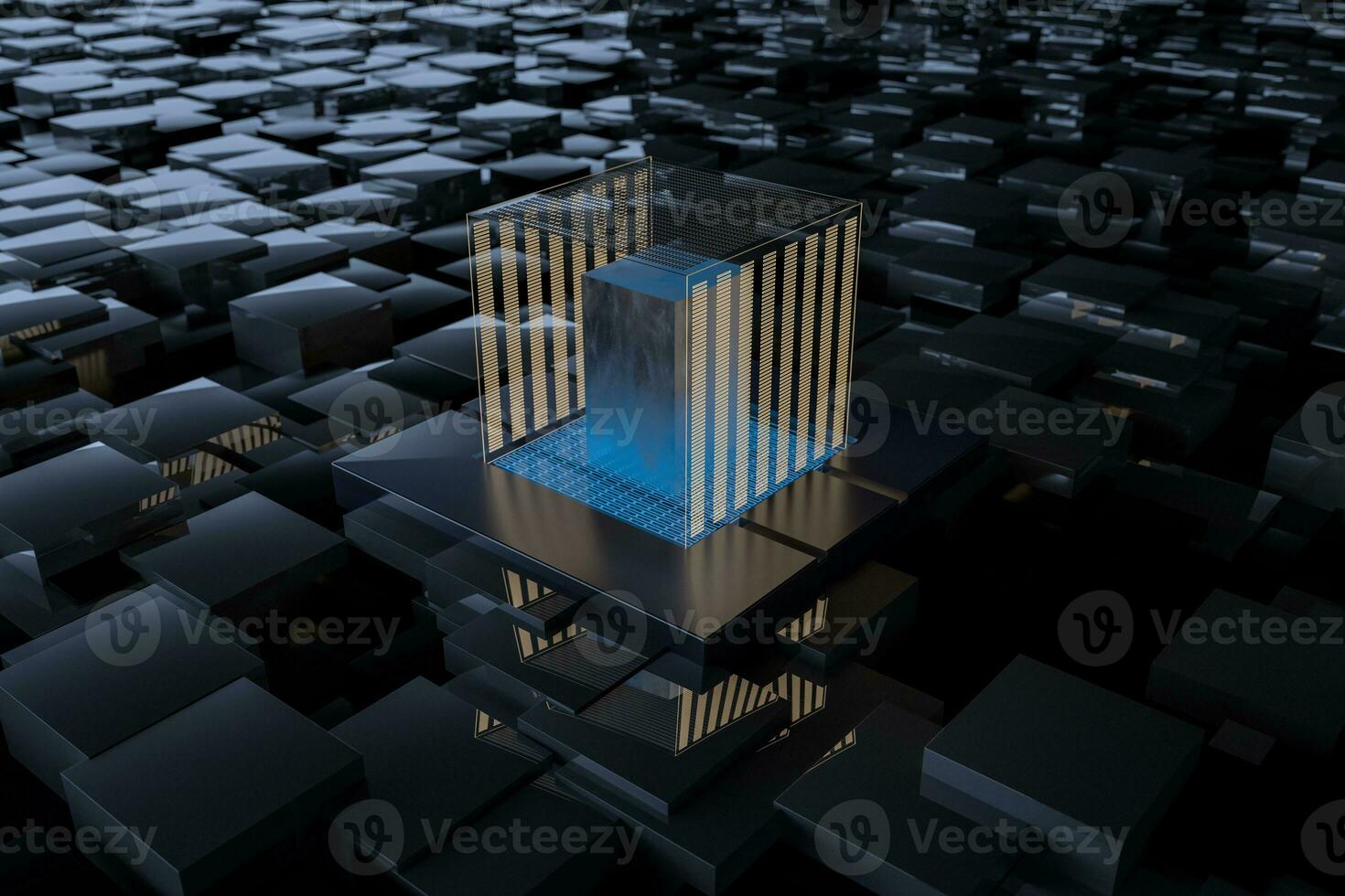 Blue and golden cube with glass material, 3d rendering. photo