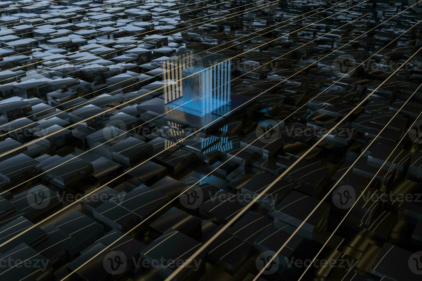 Blue and golden cube with glass material, 3d rendering. photo