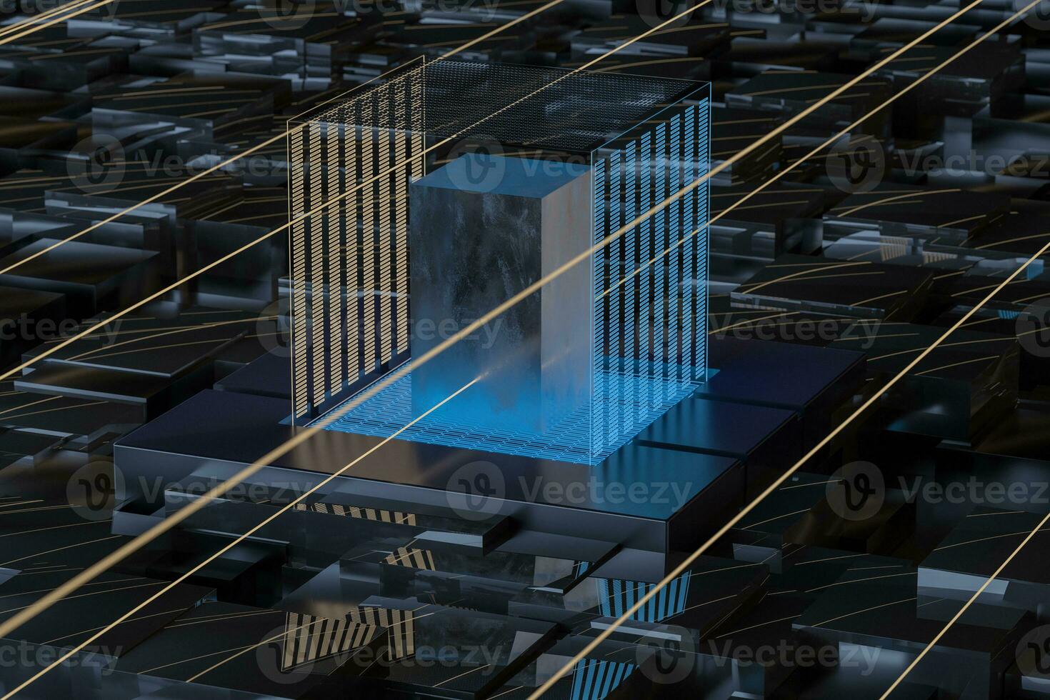 Blue and golden cube with glass material, 3d rendering. photo