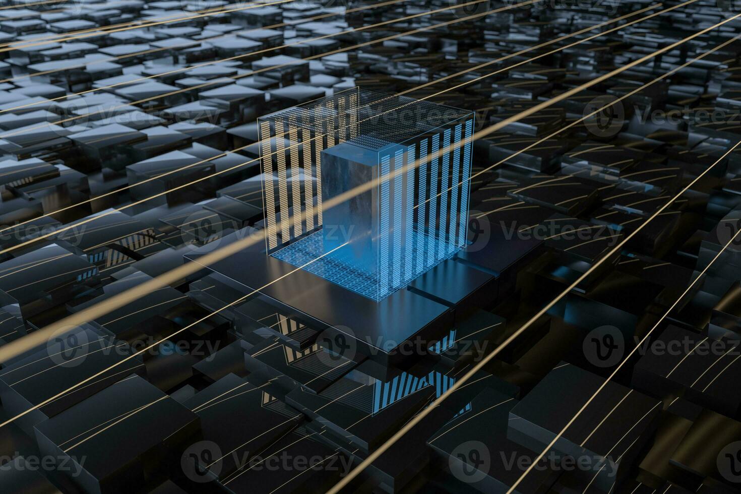 Blue and golden cube with glass material, 3d rendering. photo