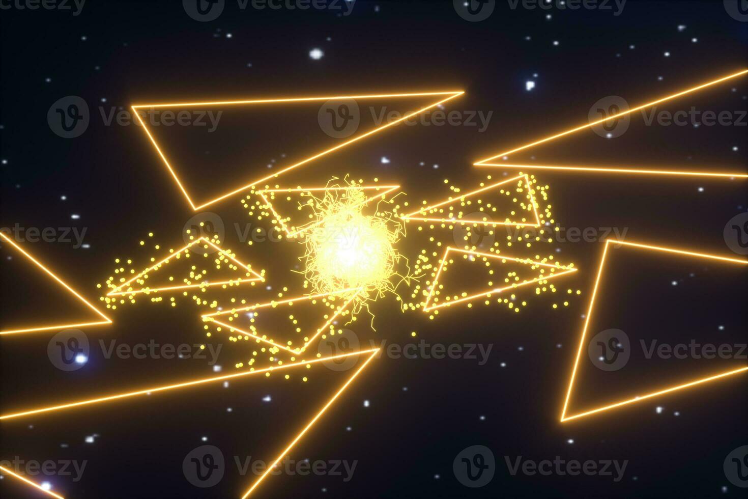 Glowing triangles and particles with dark background, 3d rendering. photo