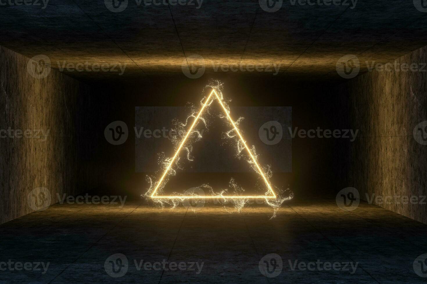The particles with geometrical shape in a dark room, 3d rendering. photo