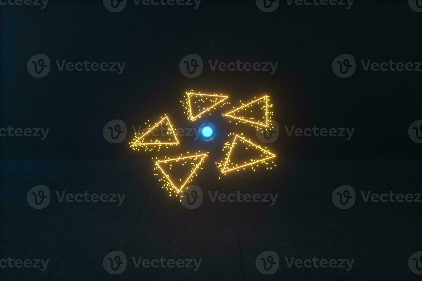 Glowing triangles and particles with dark background, 3d rendering. photo