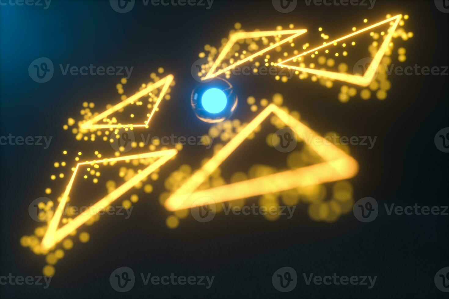 Glowing triangles and particles with dark background, 3d rendering. photo