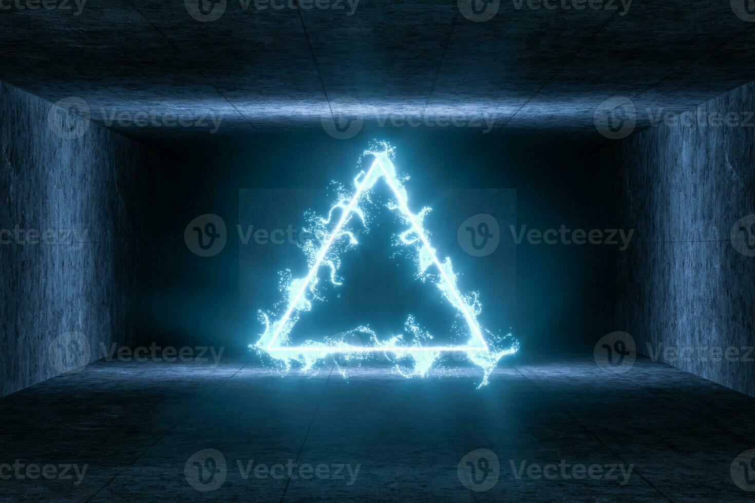 The particles with geometrical shape in a dark room, 3d rendering. photo