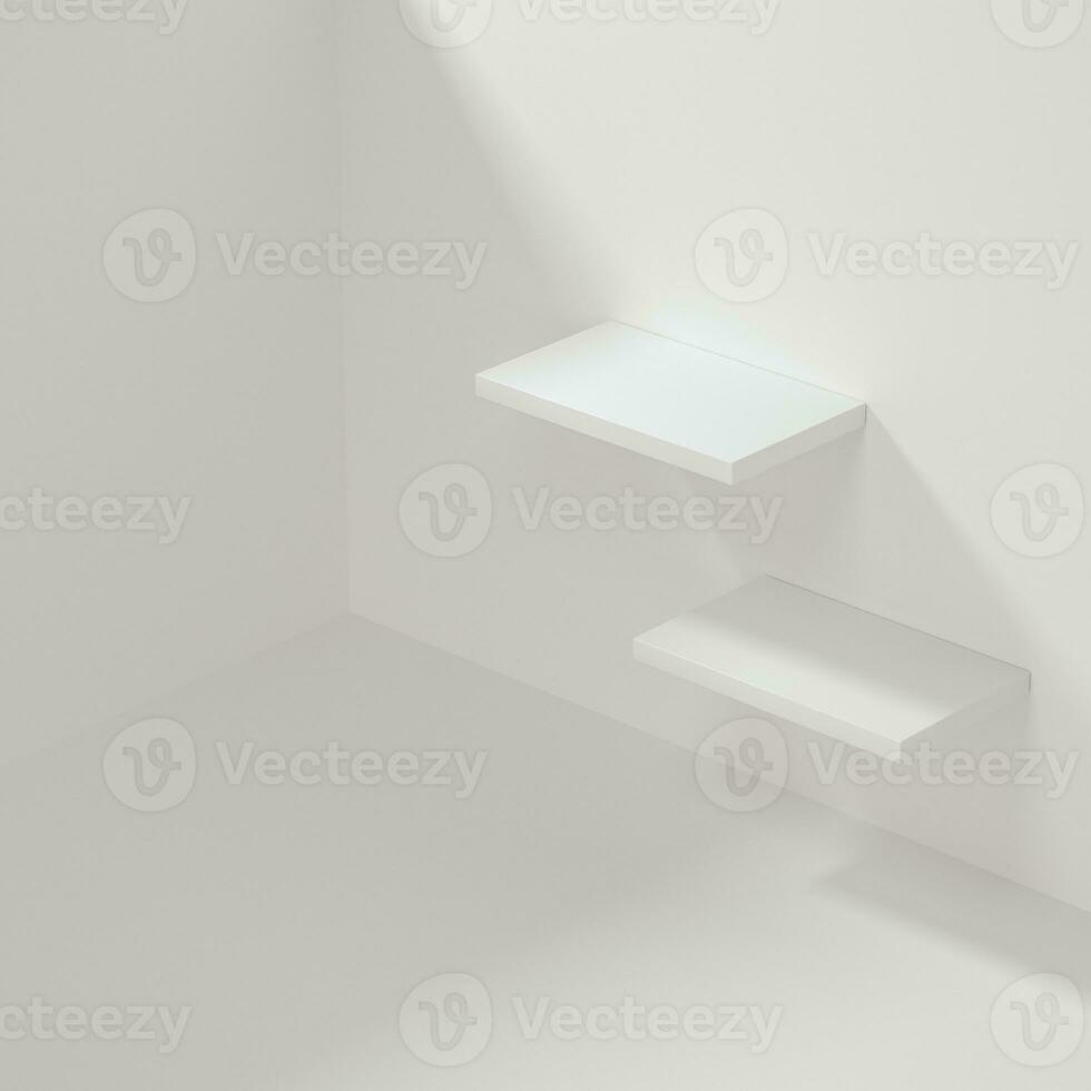 White empty cube shelf in the empty room, 3d rendering. photo