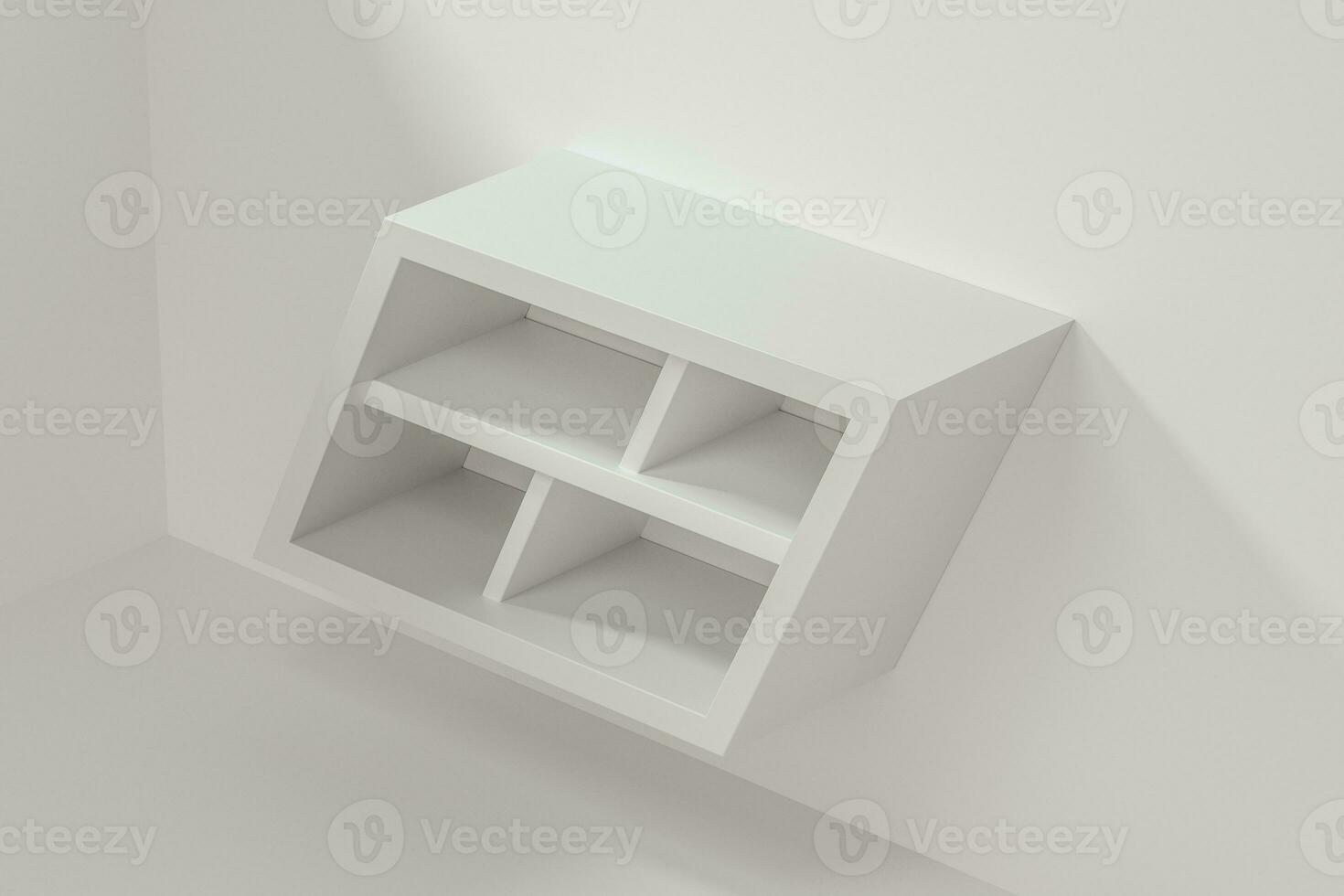 White empty cube shelf in the empty room, 3d rendering. photo