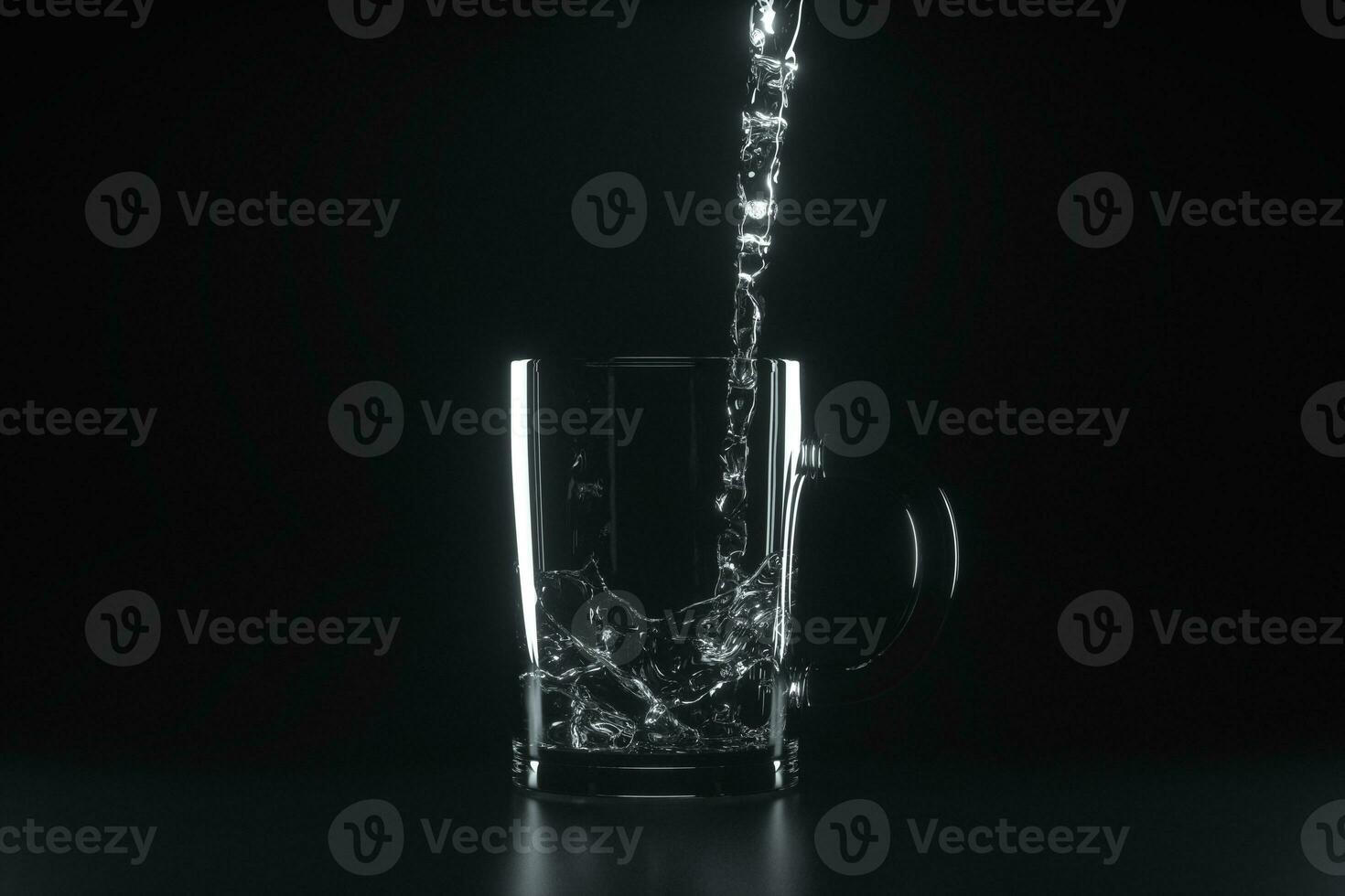 Pouring the water into the glass, dark background, 3d rendering. photo