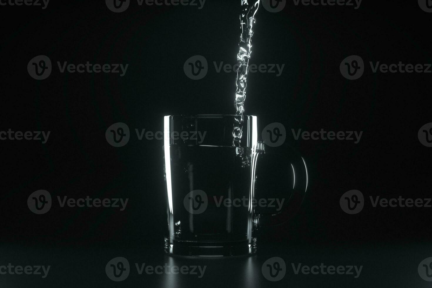 Pouring the water into the glass, dark background, 3d rendering. photo