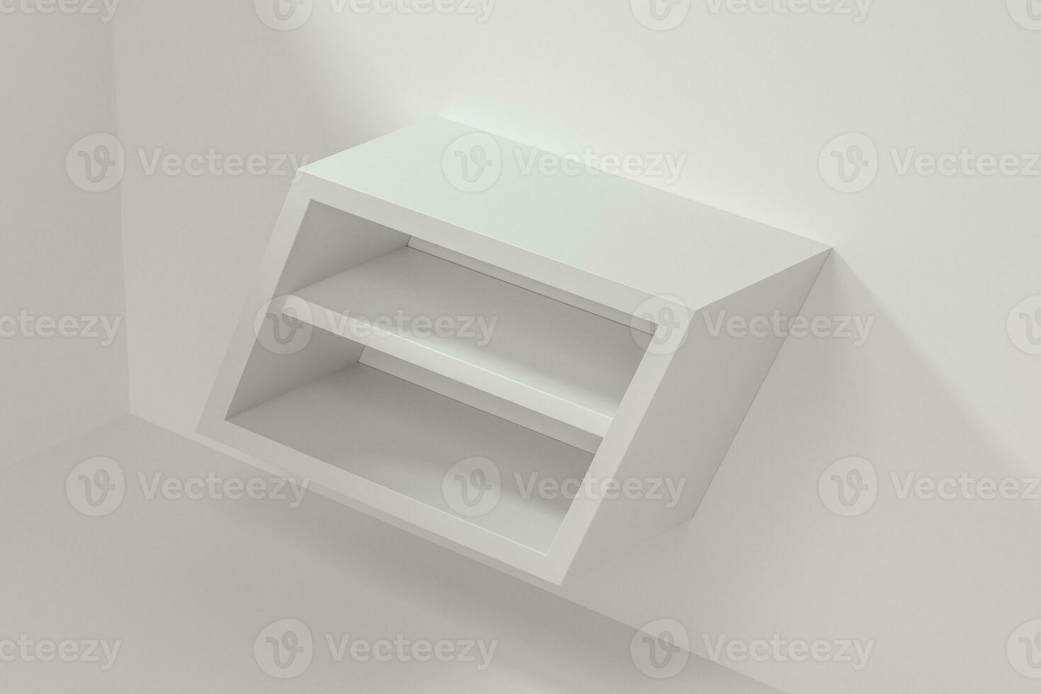 White empty cube shelf in the empty room, 3d rendering. photo