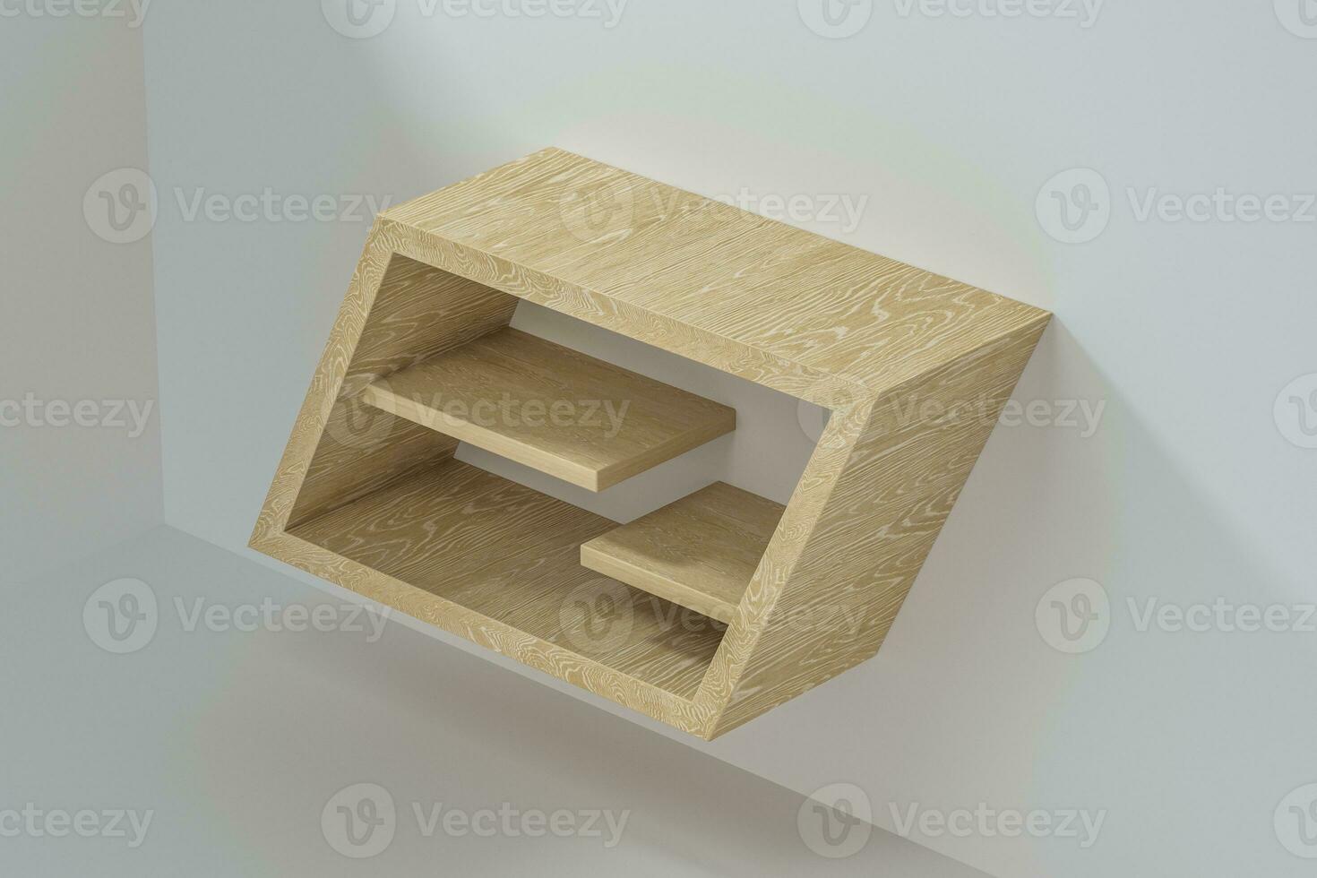 vacío de madera cubo estante en el vacío habitación, 3d representación. foto