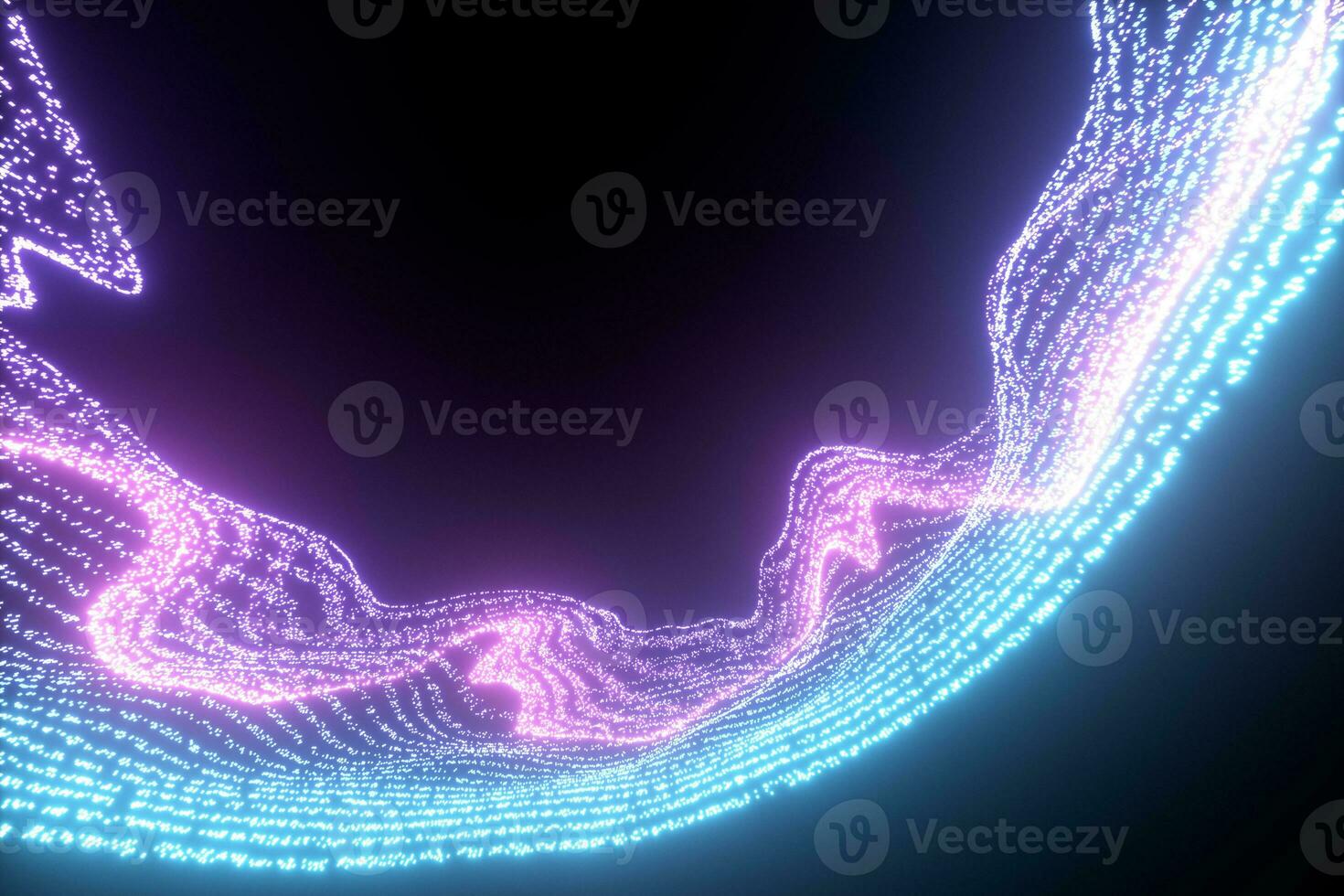 Glowing and flowing particles with dark background, 3d rendering. photo