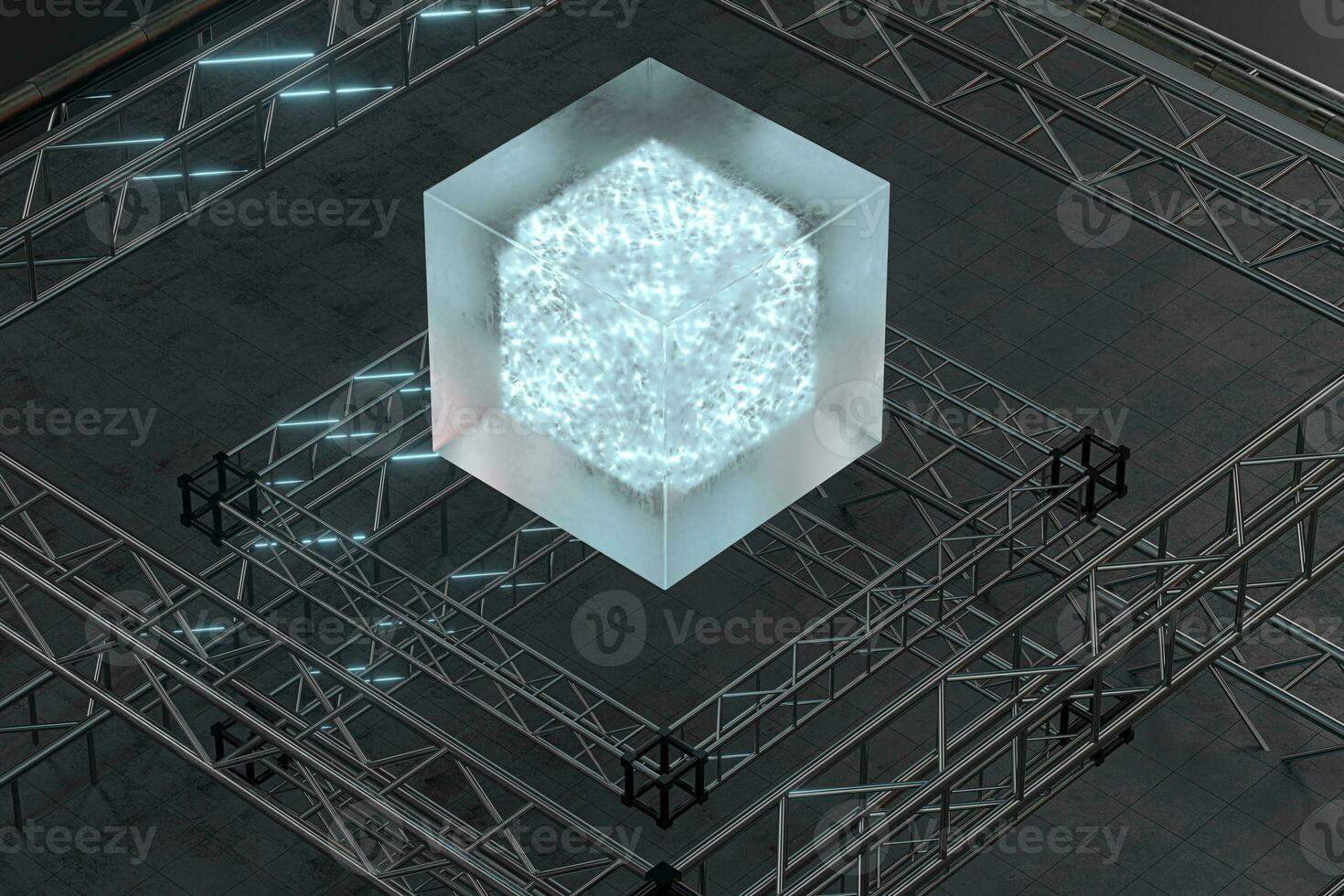 Polished metal frame, a transparent suspended cube, 3d rendering. photo