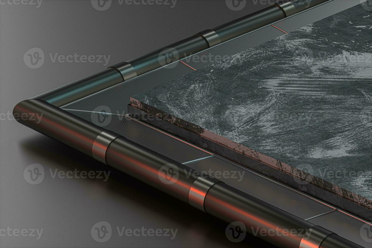 Polished metal frame, Black texture floor, 3d rendering. photo