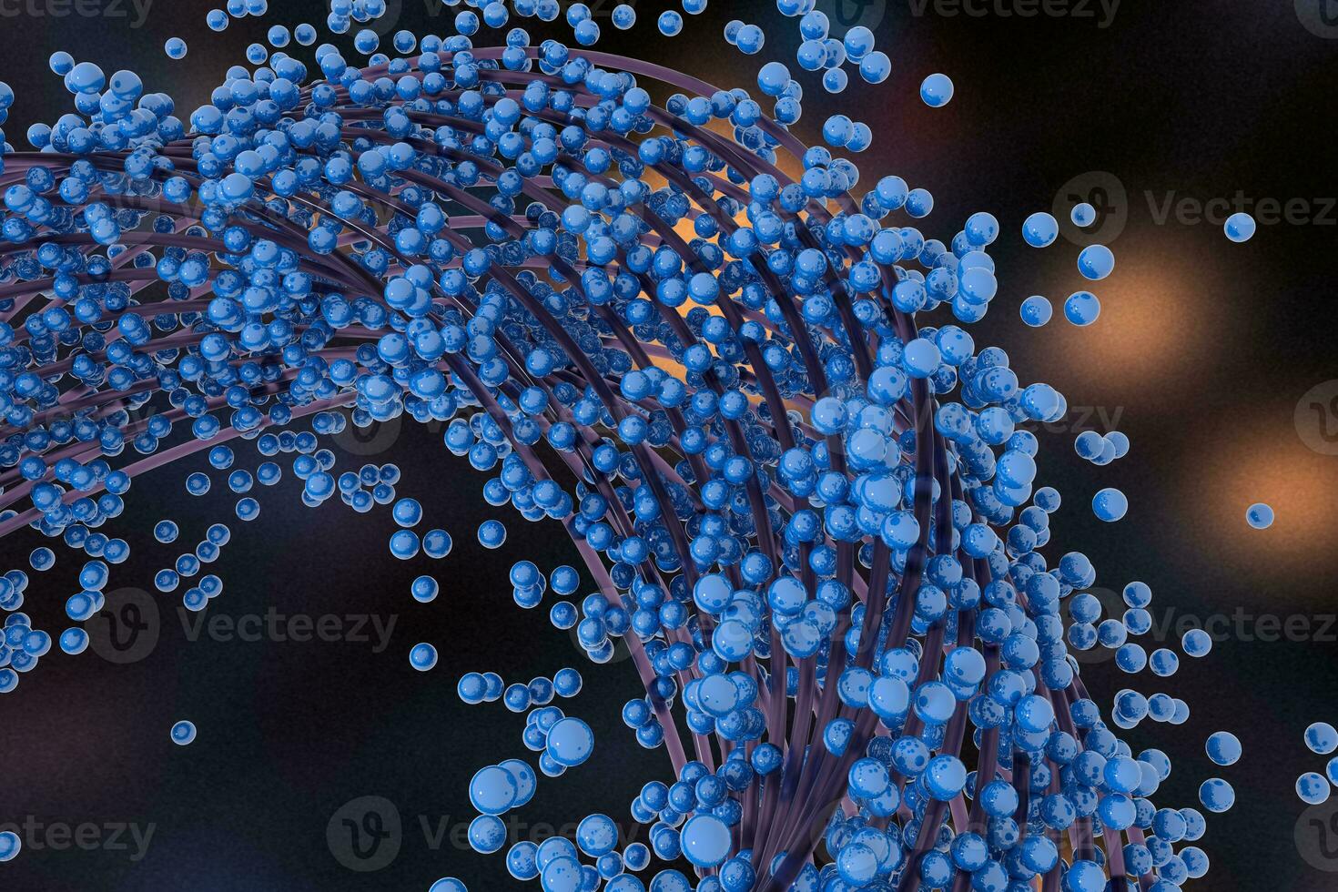 A mass of flowing spheres with dark background, 3d rendering. photo