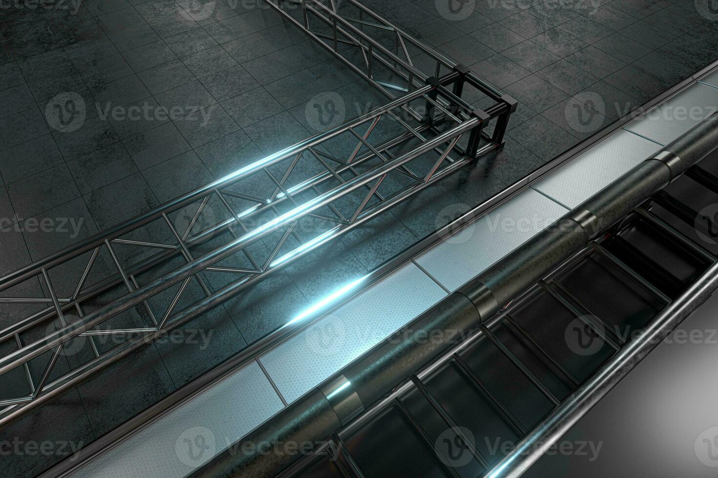 Polished metal frame, Black texture floor, 3d rendering. photo