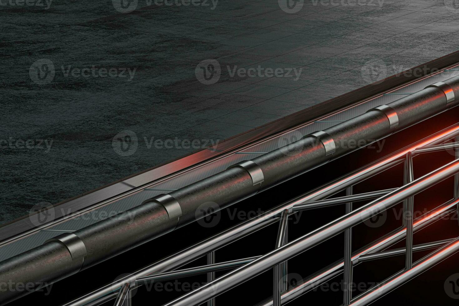 Polished metal frame, Black texture floor, 3d rendering. photo