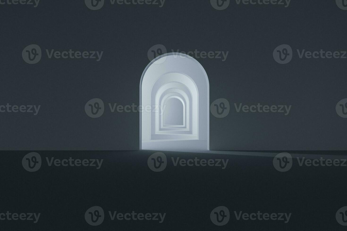 Dark room with a glowing and bright door, 3d rendering. photo