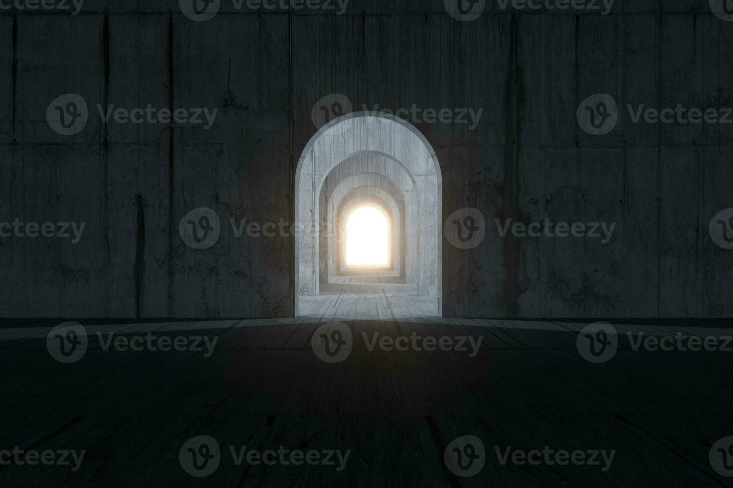 Dark room with a glowing and bright door, 3d rendering. photo