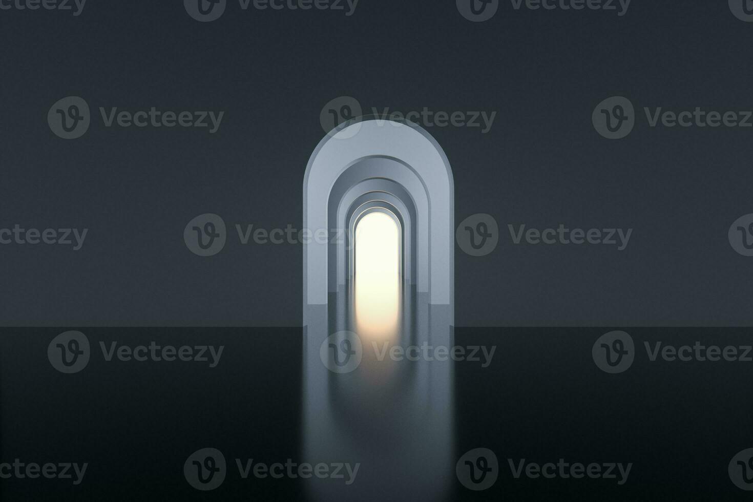 Dark room with a glowing and bright door, 3d rendering. photo