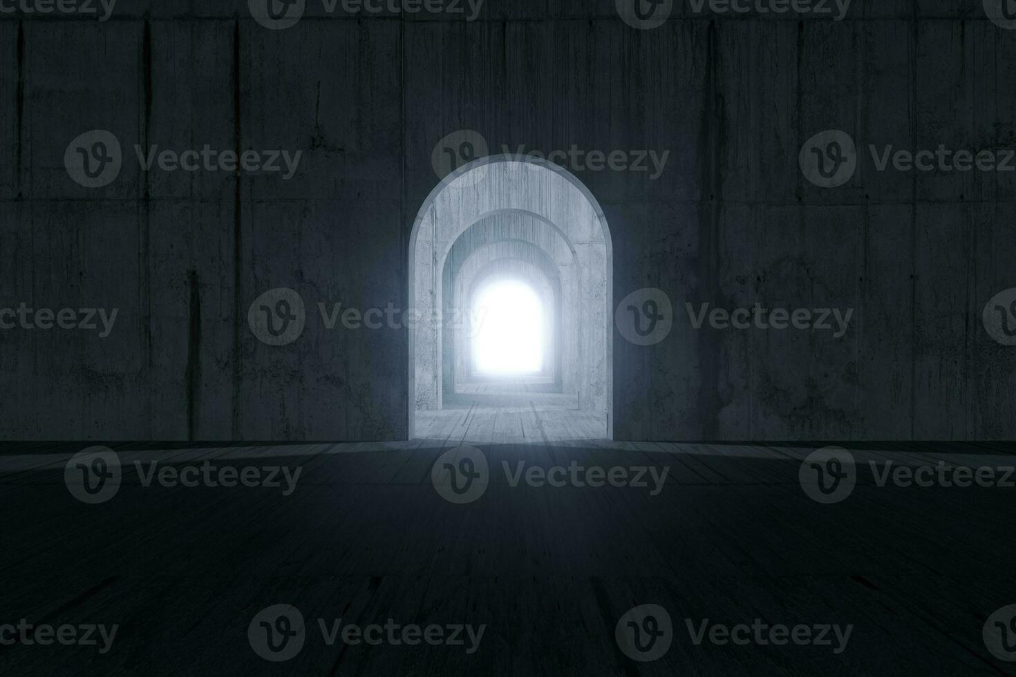 Dark room with a glowing and bright door, 3d rendering. photo