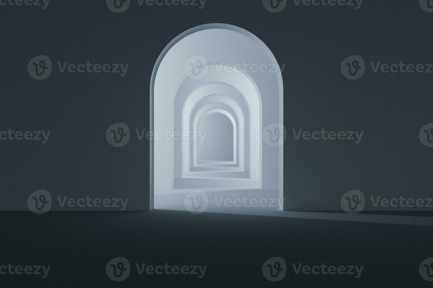 Dark room with a glowing and bright door, 3d rendering. photo