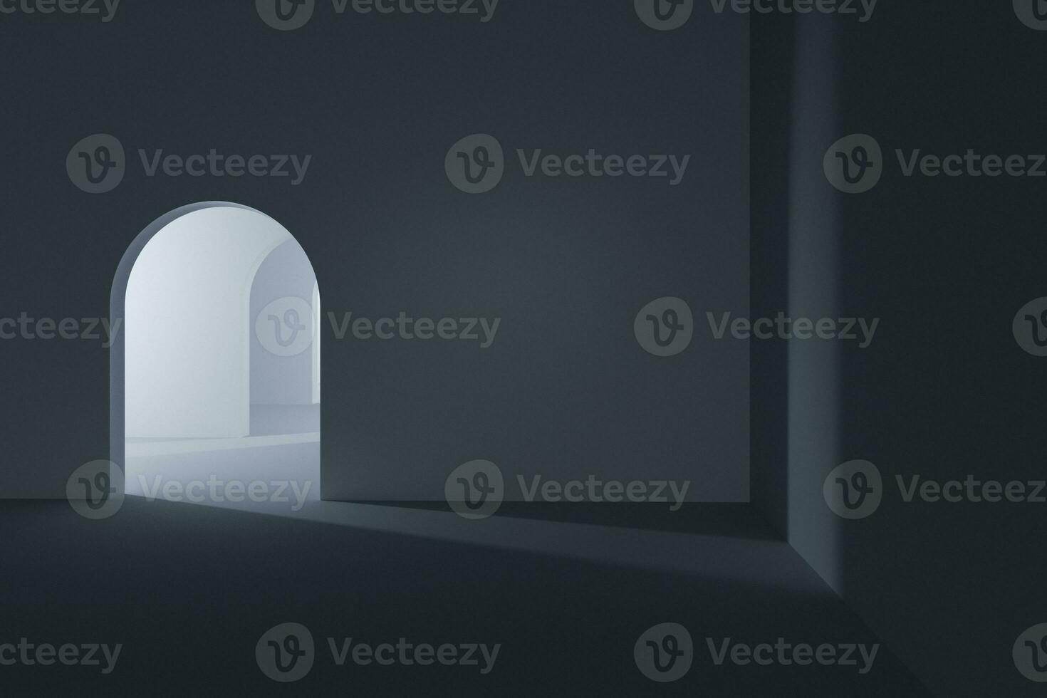 Dark room with a glowing and bright door, 3d rendering. photo
