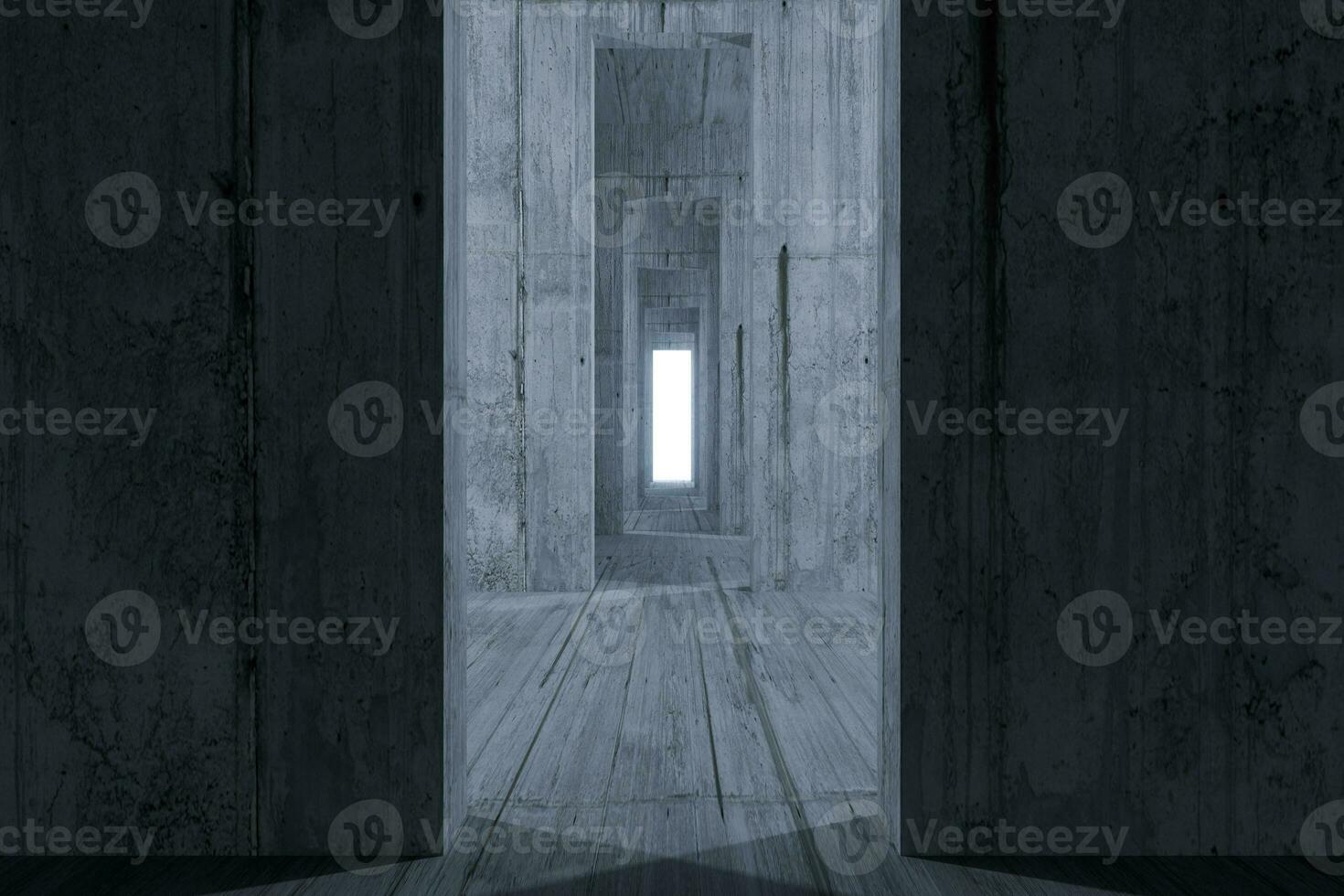 Dark room with a glowing and bright door, 3d rendering. photo