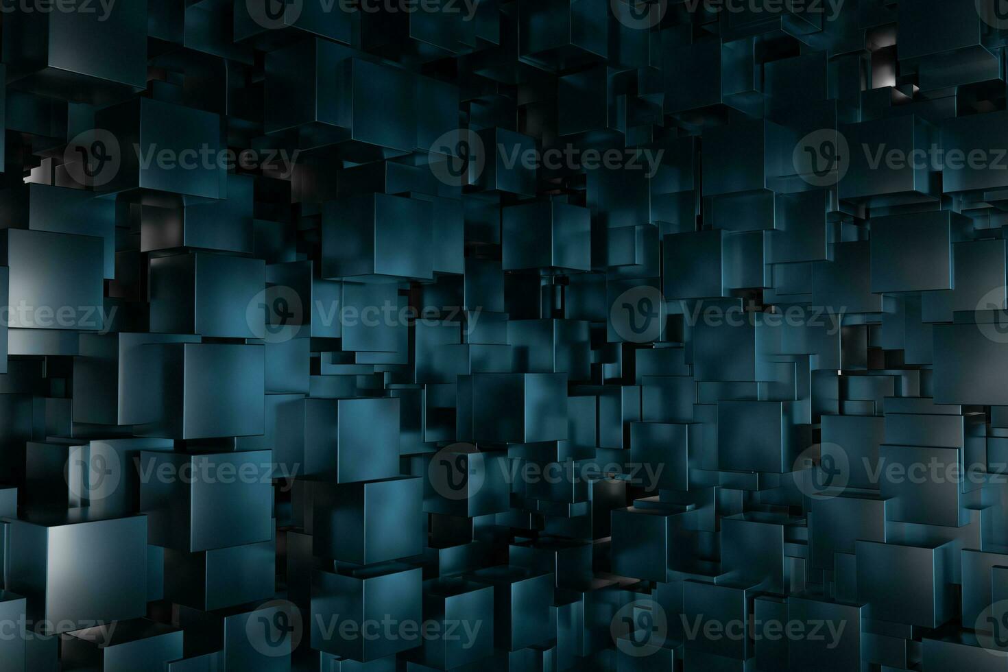 A room full with dark cubes, Illuminated by glowing cubes, 3d rendering photo