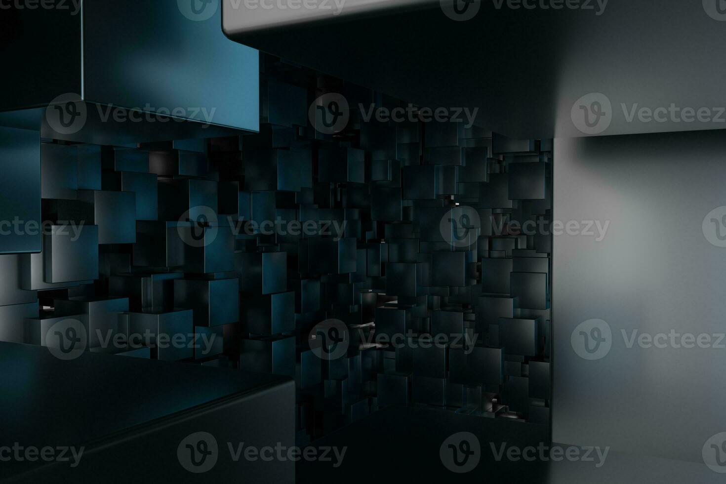 A room full with dark cubes, Illuminated by glowing cubes, 3d rendering photo